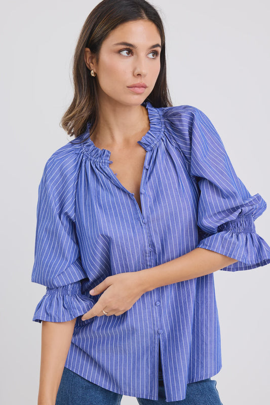 Noetic Stripe Short Sleeve Blouse / Dark Blue