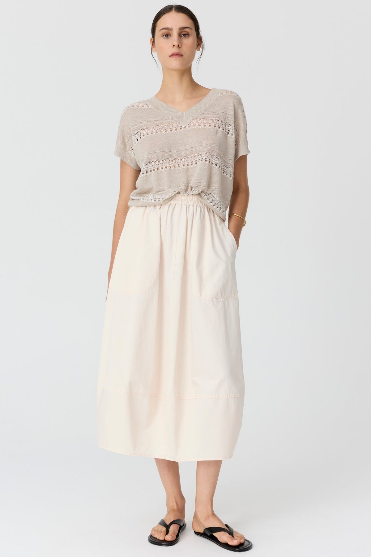 Liana V-neck Pointelle Knit / Pebble-Chalk