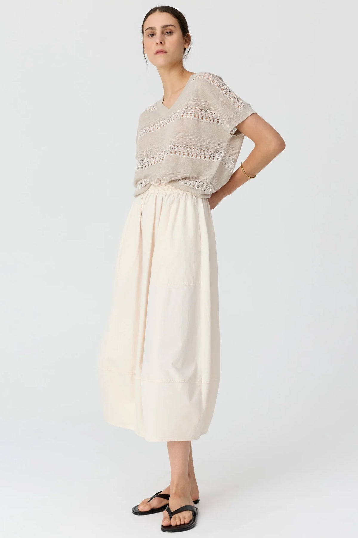 Liana V-neck Pointelle Knit / Pebble-Chalk