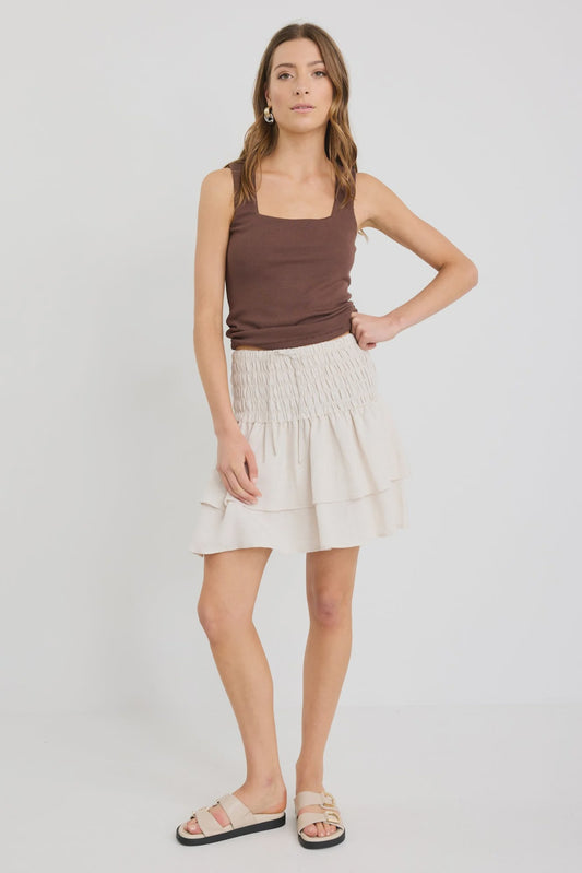 Lennox Shirred Blend Tiered Mini Skirt / Natural Linen