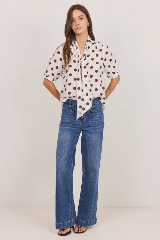 Providence Tie Neck Short Sleeve Top / Chocolate Polka Dot