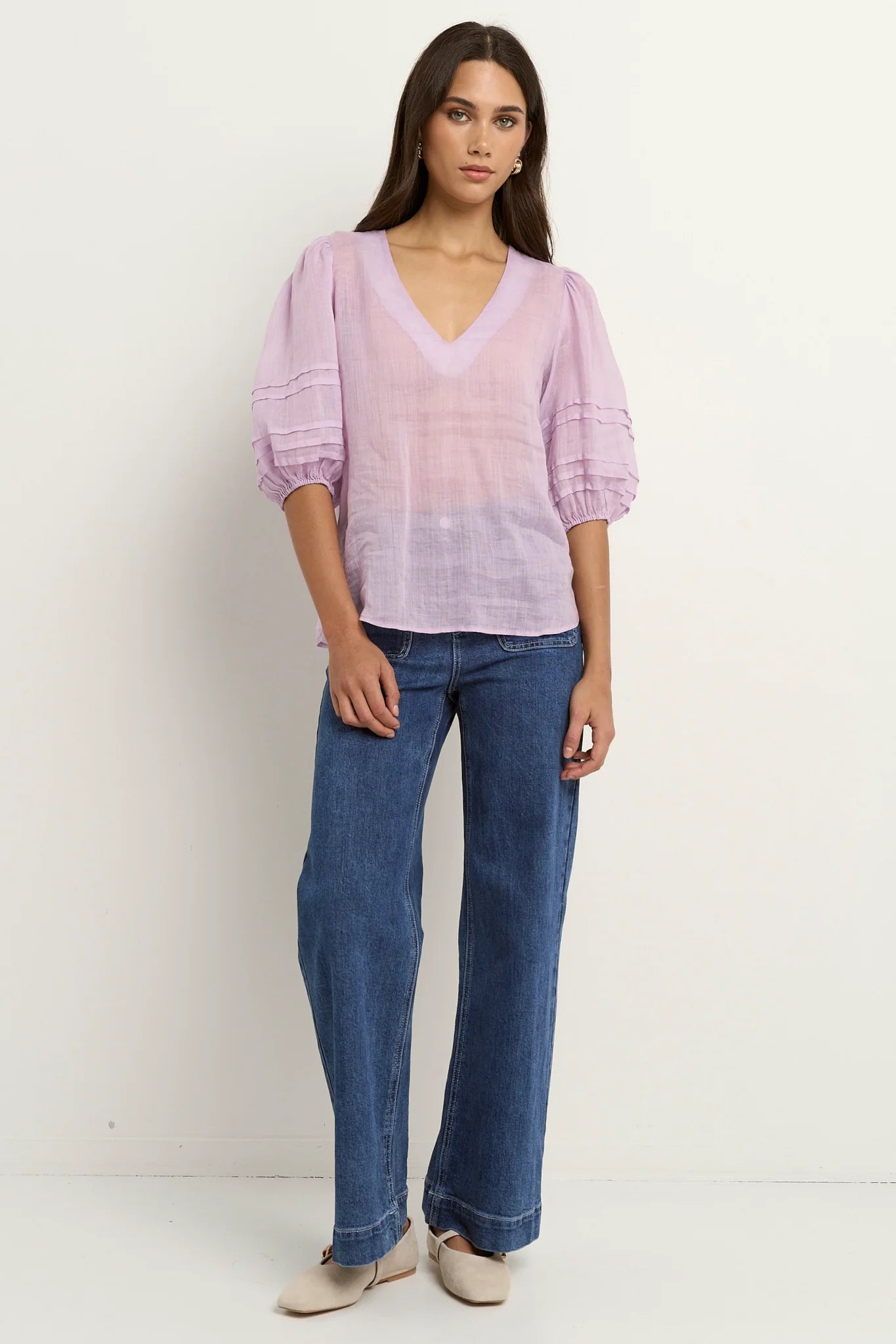 Recall  Ramie Pleat Sleeve Crew Top / Lilac