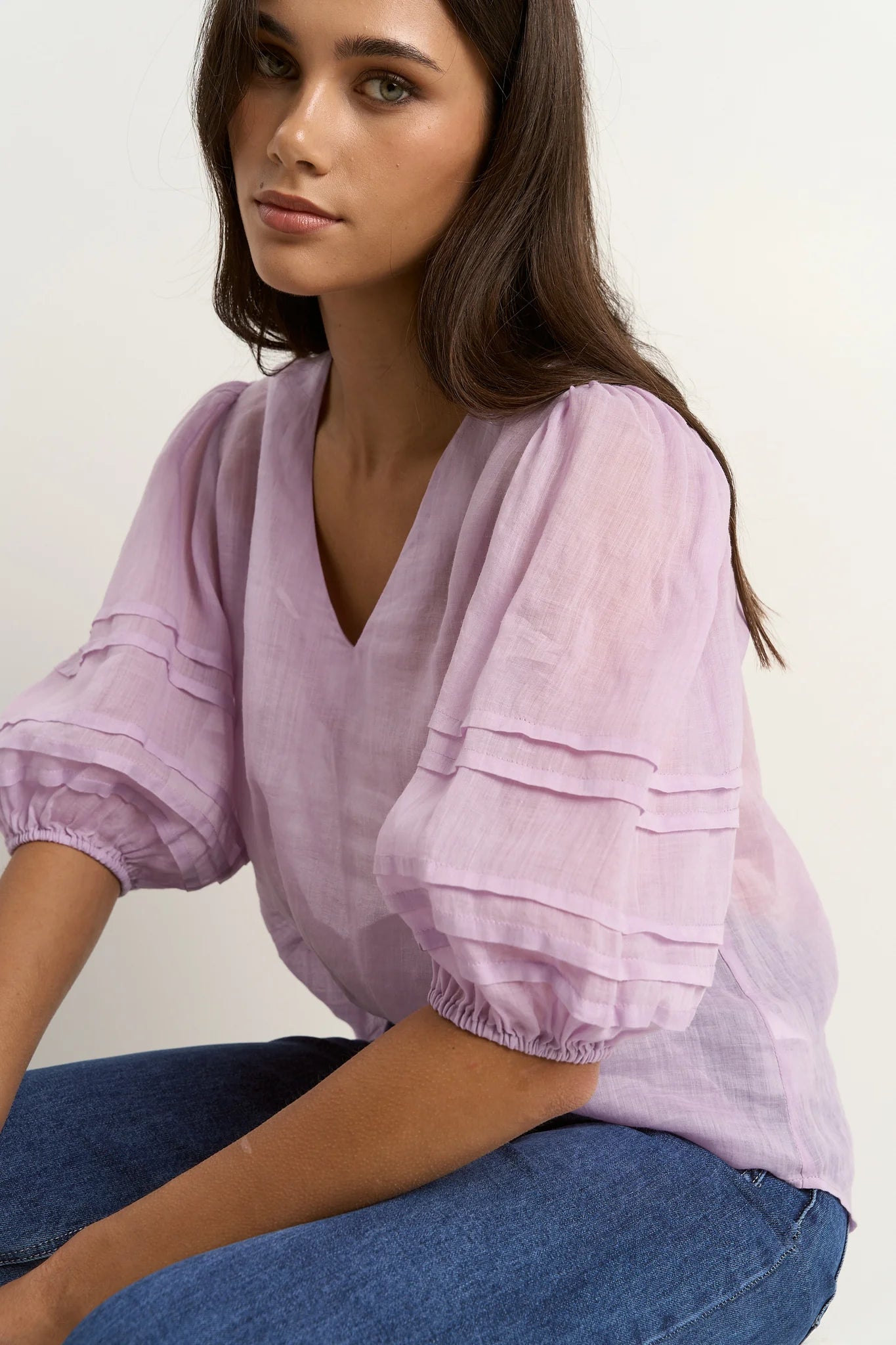 Recall  Ramie Pleat Sleeve Crew Top / Lilac