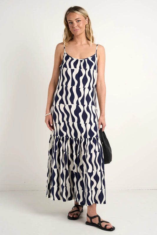 Relax Strappy Tiered Midi Dress - Ink Geo Wave