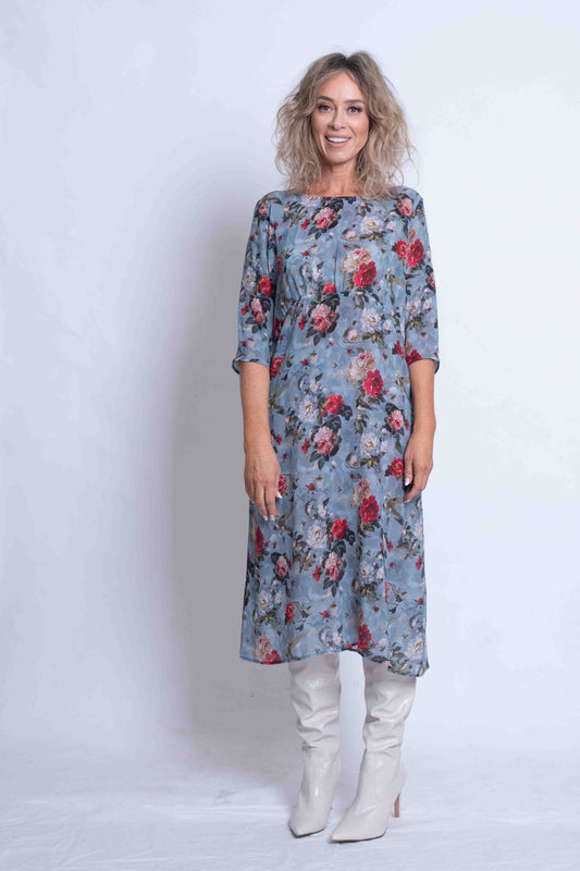 Dove Print Silk Gathered Shift Dress