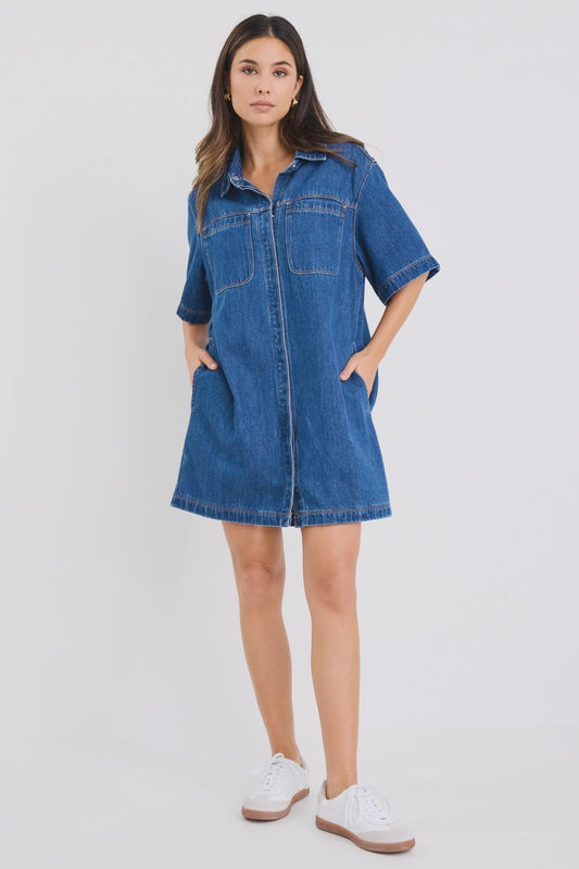 Shortcut Storm Short Sleeve Boxy Mini Shirt Dress / Blue Denim