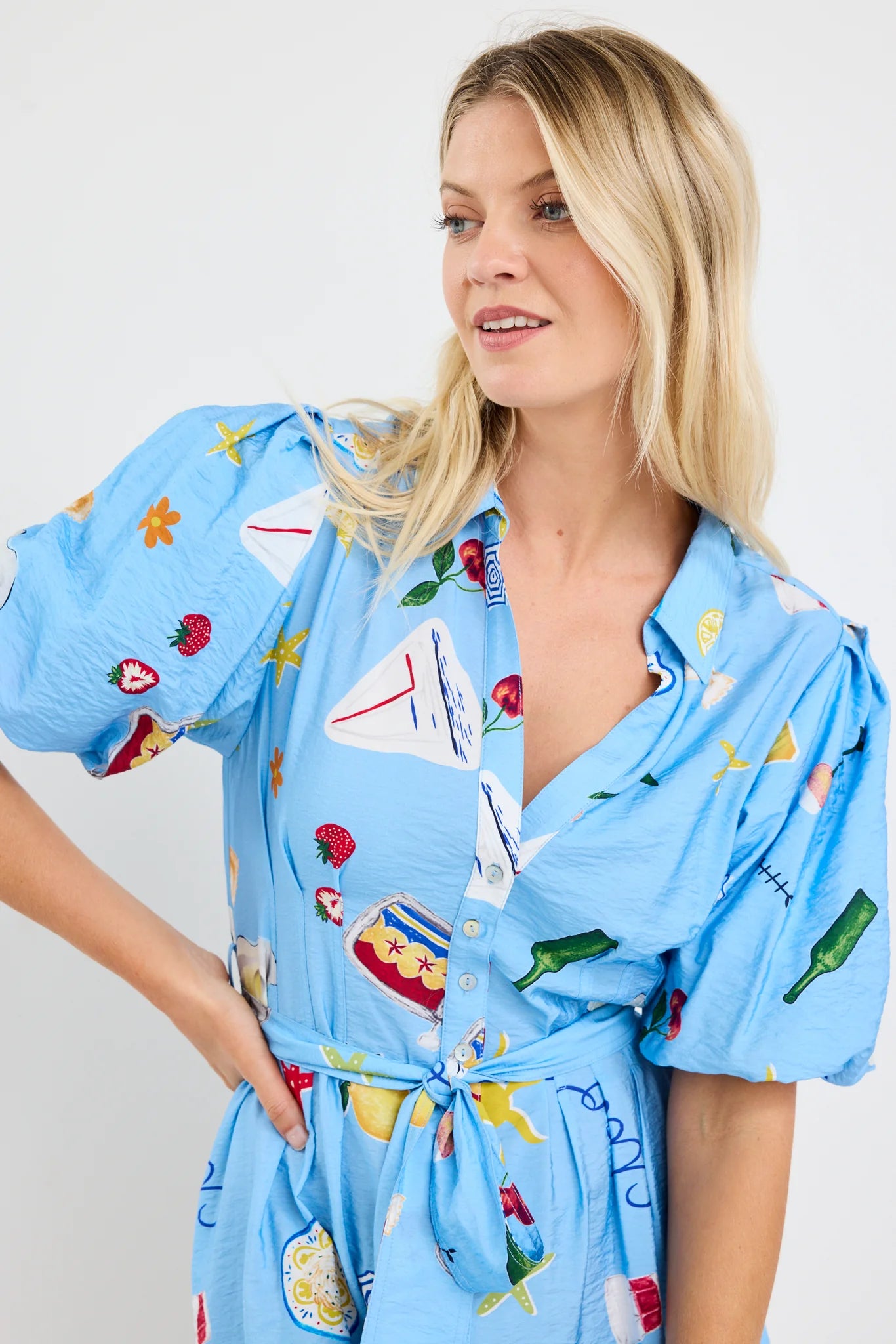 Sundown Holiday Puff Short Sleeve Mini Shirt Dress / Blue