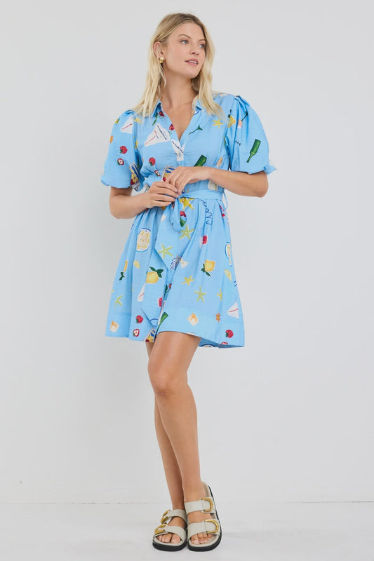 Sundown Holiday Puff Short Sleeve Mini Shirt Dress / Blue