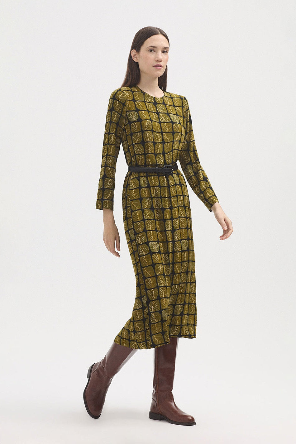 Square Leaves Print Dress / Khaki