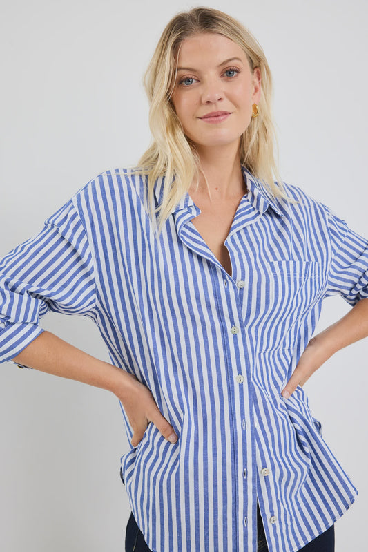 You Got This Blue Stripe Cotton Oversized Shirt / Blue