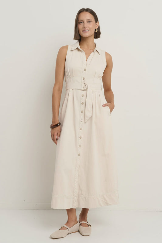 Crescent Denim Sleeveless Midi Shirt Dress / Ecru