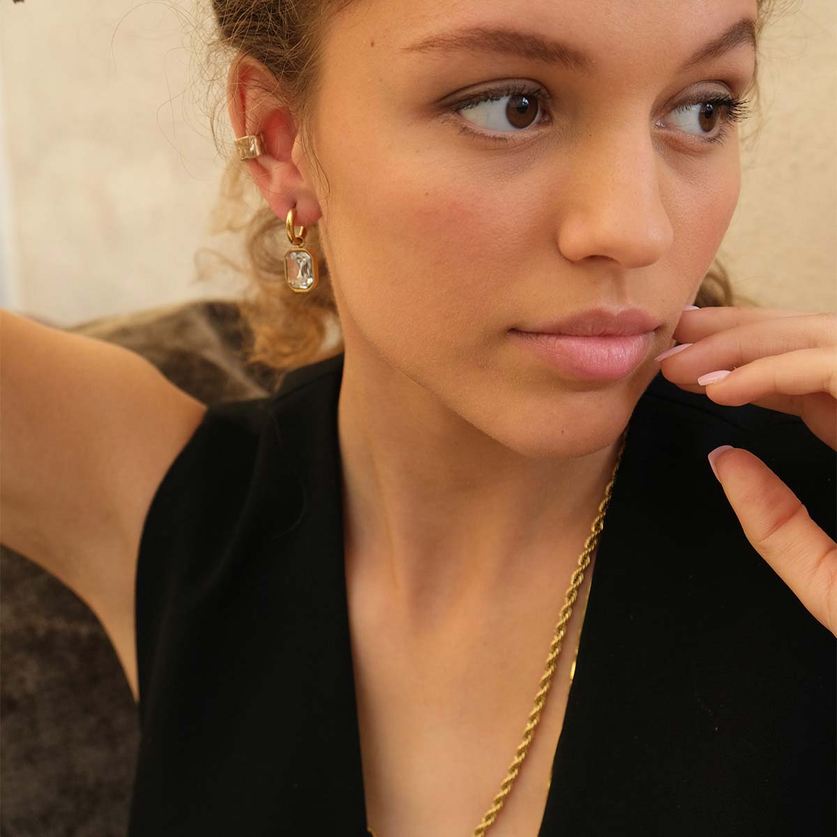 Pure Steel Crystal Gold Earrings