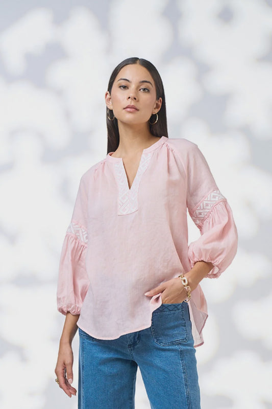 Woman wearing a pink blouse with lace details and blue jeans against a white background