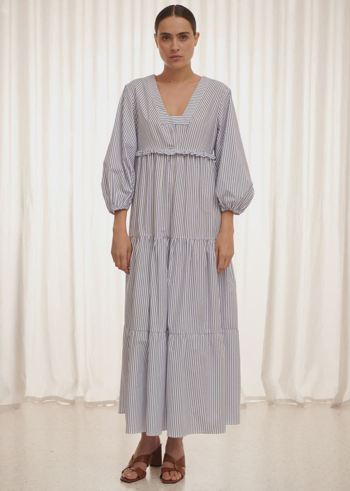 Pinstripe Tiered Dress/Blue/White Stripe